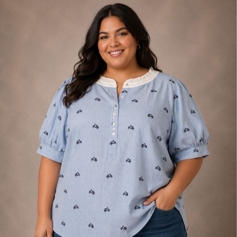 Talbots Ruffle Neck Top Embroidered Vespa Novelty Preppy Chic Plus Size 2X